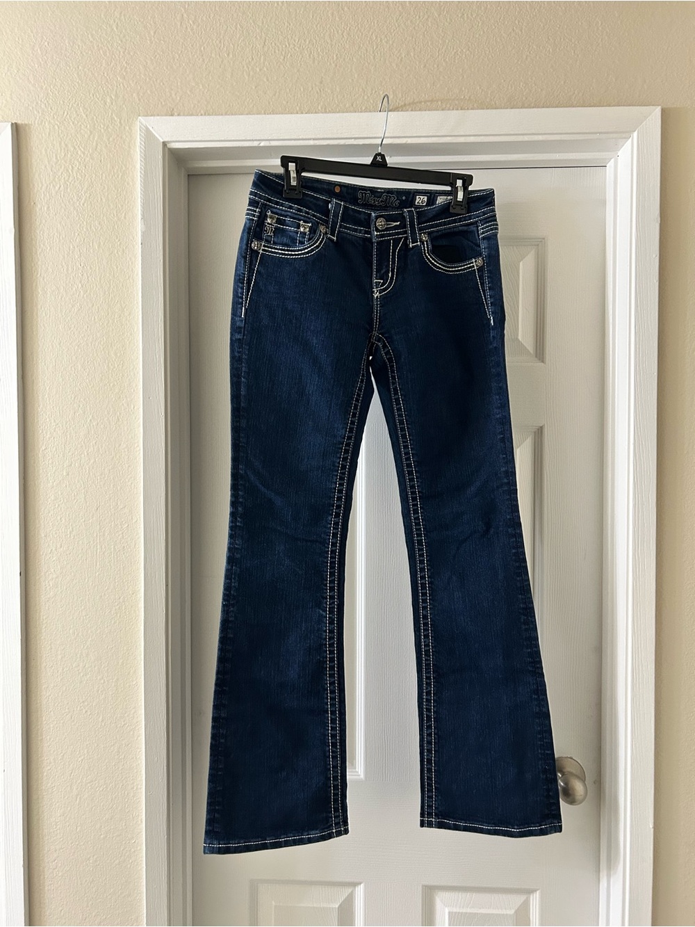 Miss Me Dark Blue Flare Jeans with Contrast Stitching